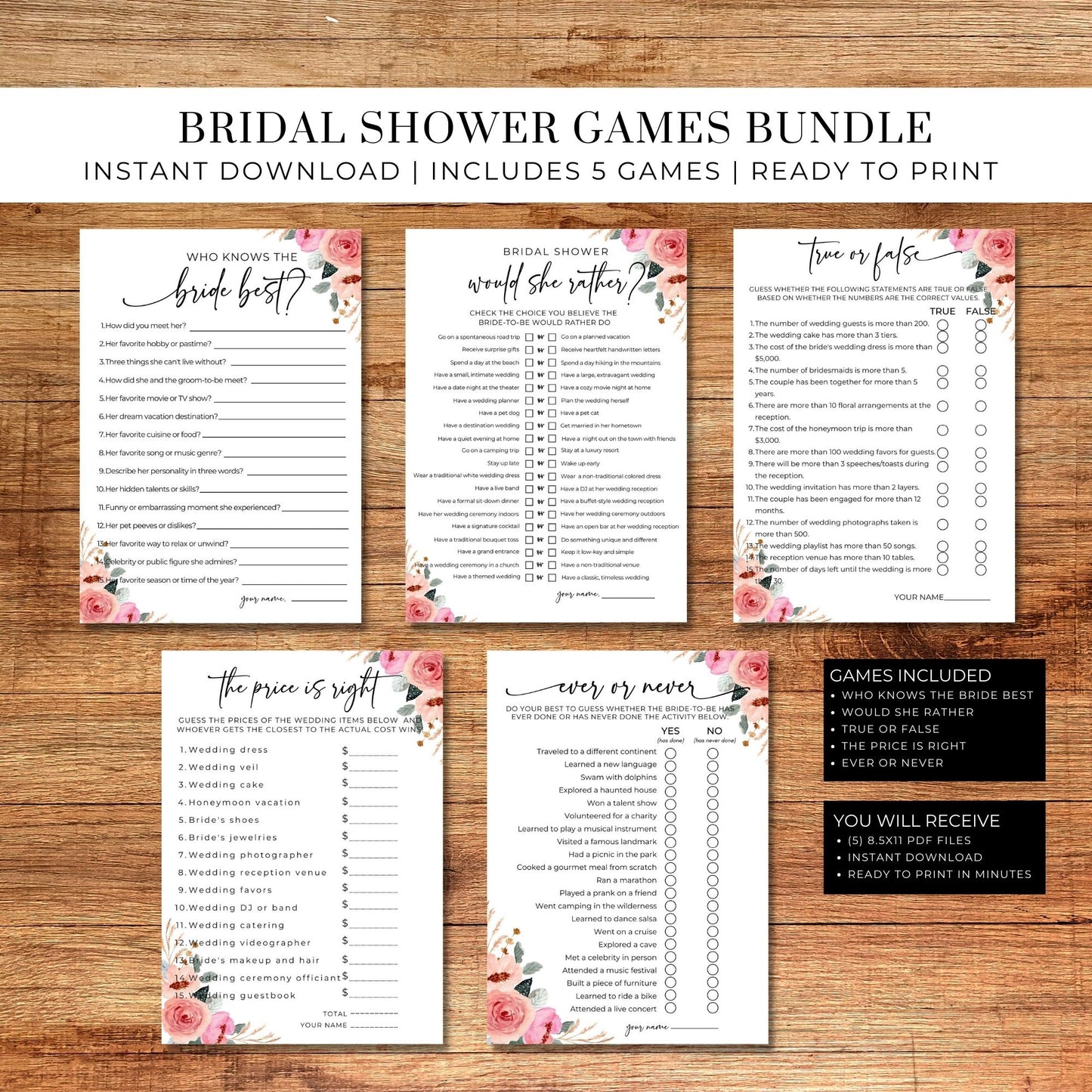 Floral Bridal Shower Party Games Bundle