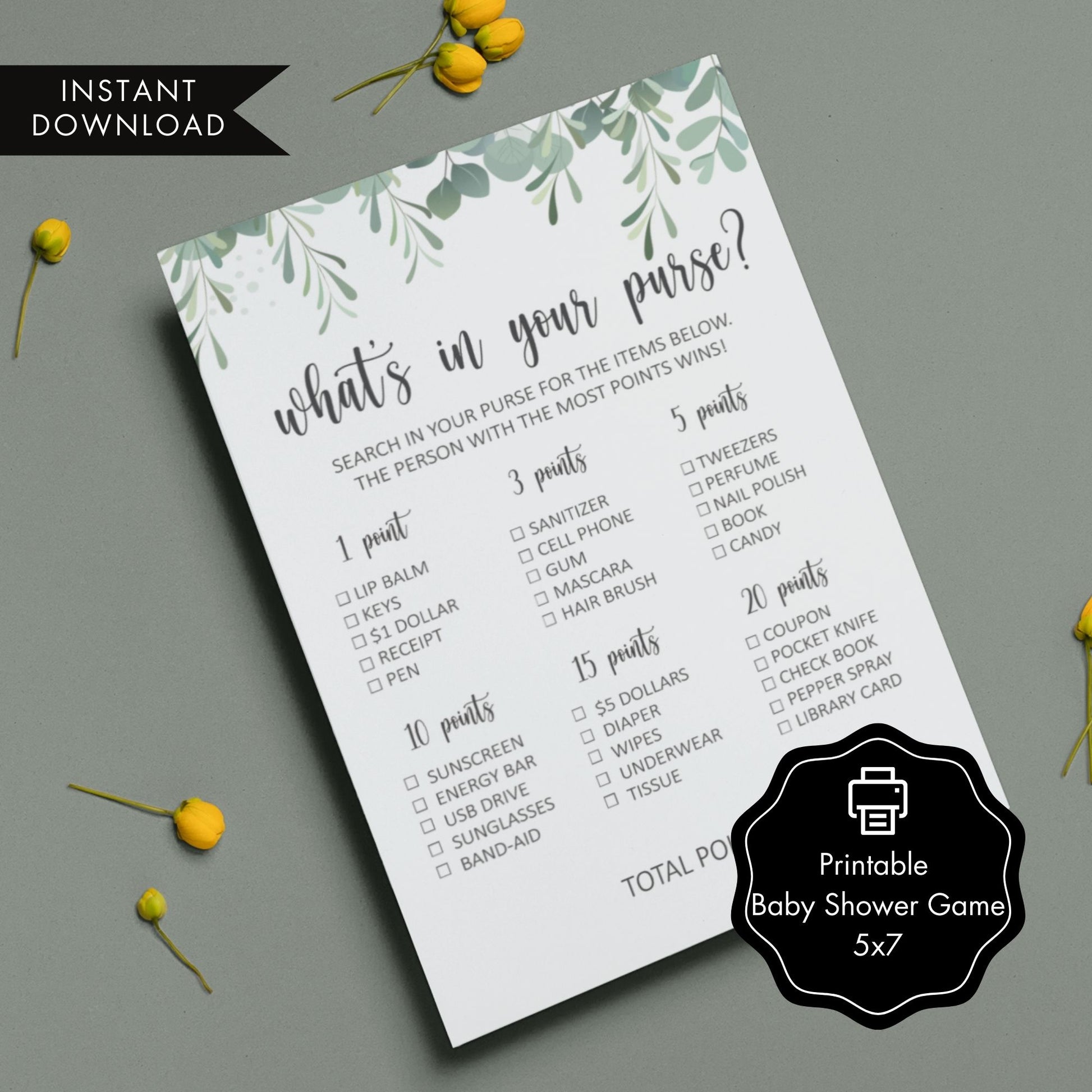 What's In Your Purse Baby Shower Game Printable - Greenery Eucalyptus