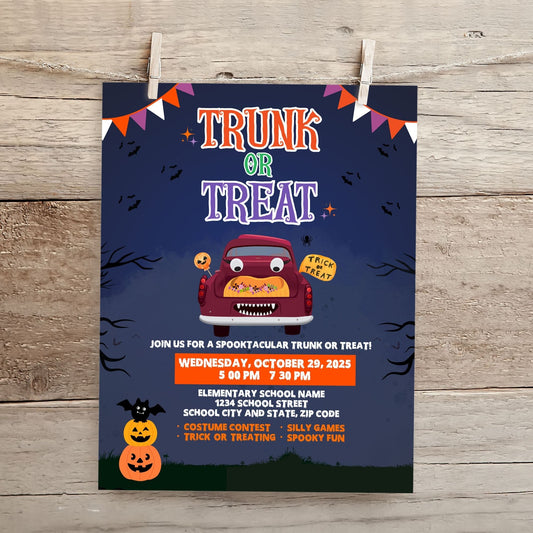 Trunk or Treat Flyer Template, 8.5x11 Editable Halloween Flyer, Instant Download Corjl Template, Printable Halloween Party Sign for School