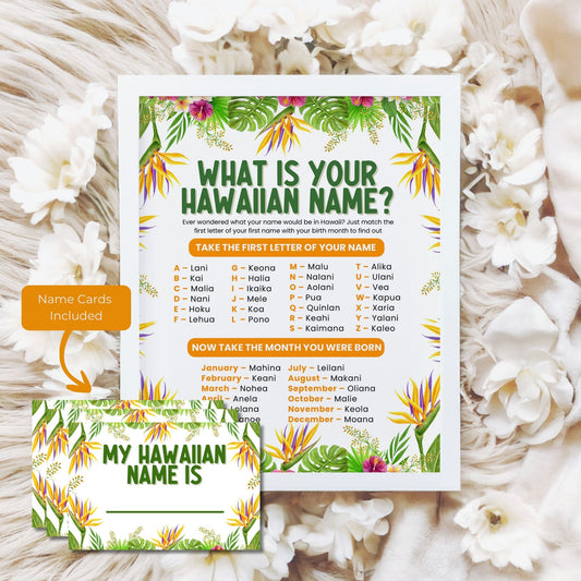 Hawaiian name generator card with name cards on a floral background
