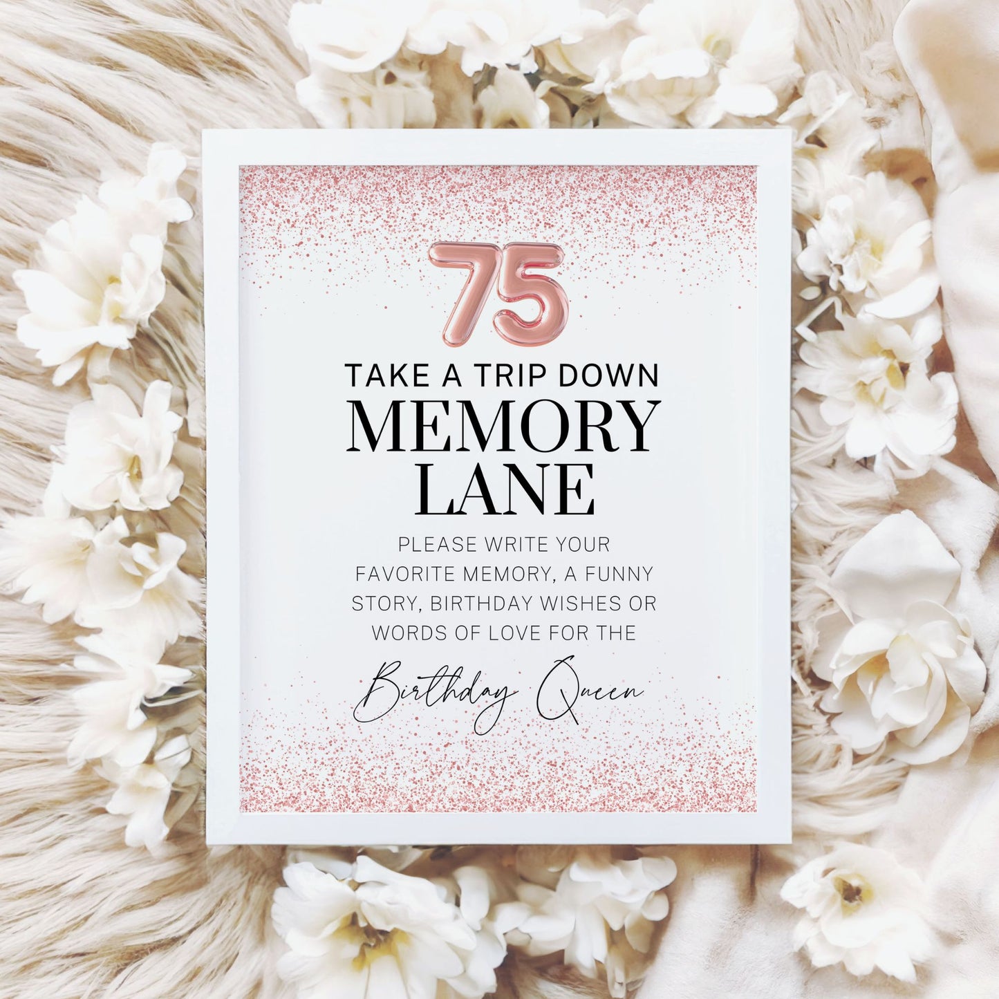 Rose Gold 75th Birthday Memory Lane Sign – Printable 8x10 Digital Download | 75th Birthday Decorations | Rose Gold Birthday Sign for Women