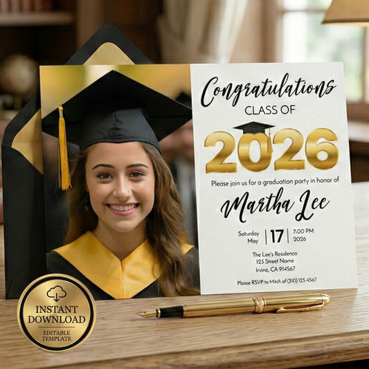 Graduation invitation with a photo of a graduate and details on a wooden surface.