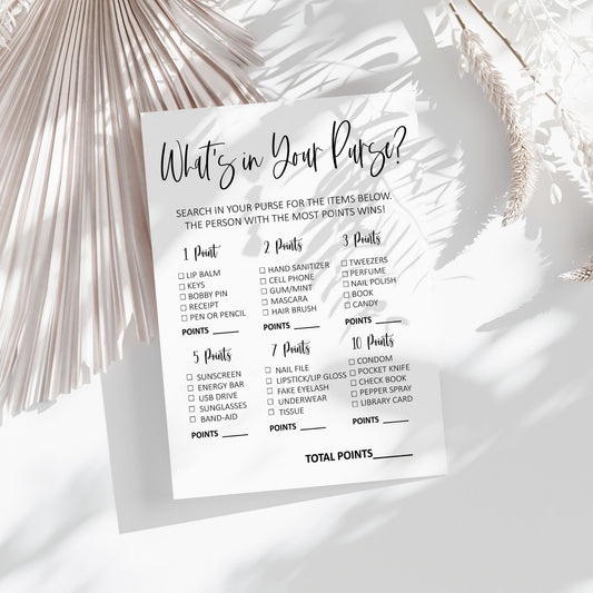 What's in Your Purse? Bridal Shower Game, Fun Printable Party Activity, Modern Black and White Design, Instant Download