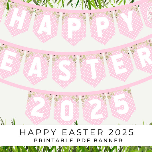 Happy Easter Banner 2025 - Pink Printable Easter Decoration for Parties, Events & Home - Instant Download