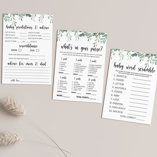 Greenery Baby Shower Games Printable Set | Fun Baby Shower Activities | What's in Your Purse, Word Scramble, Predictions & Advice | Instant Download