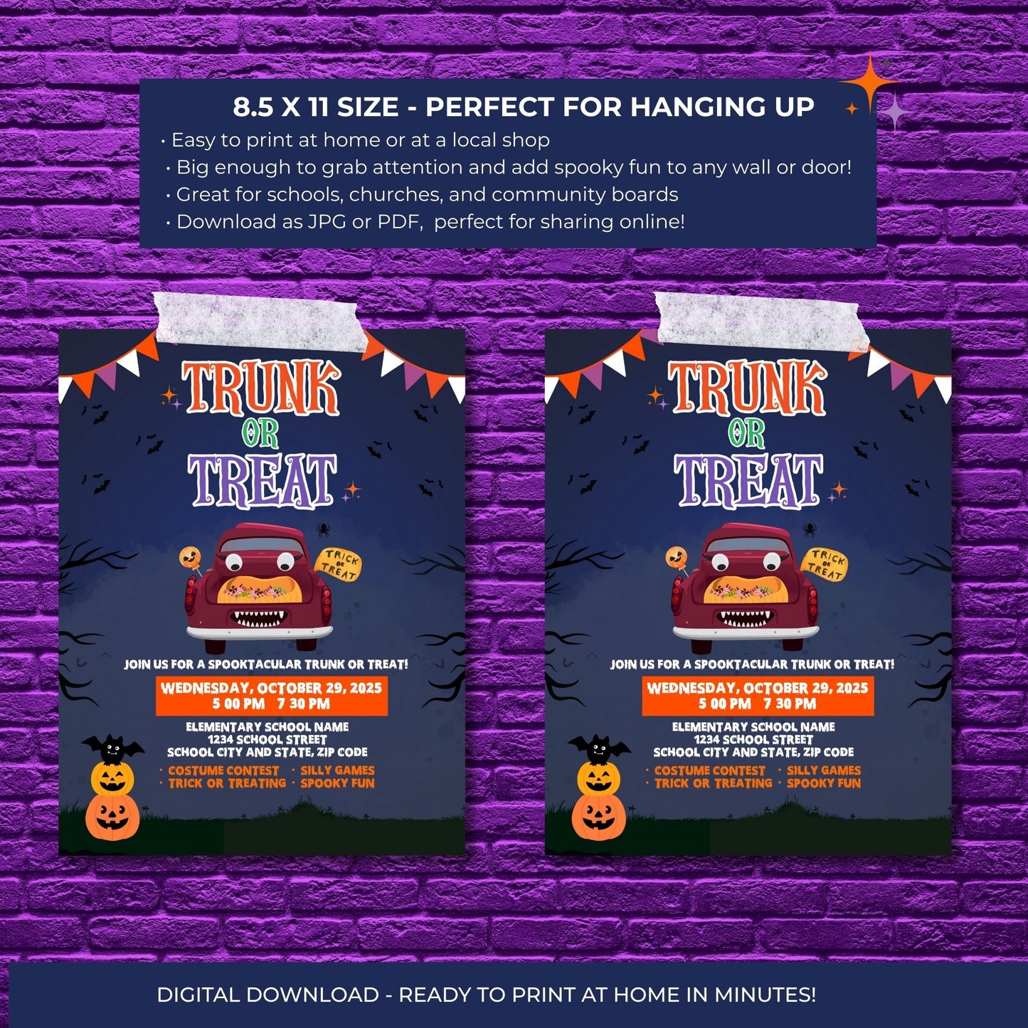 Trunk or Treat Flyer Template, 8.5x11 Editable Halloween Flyer, Instant Download Corjl Template, Printable Halloween Party Sign for School