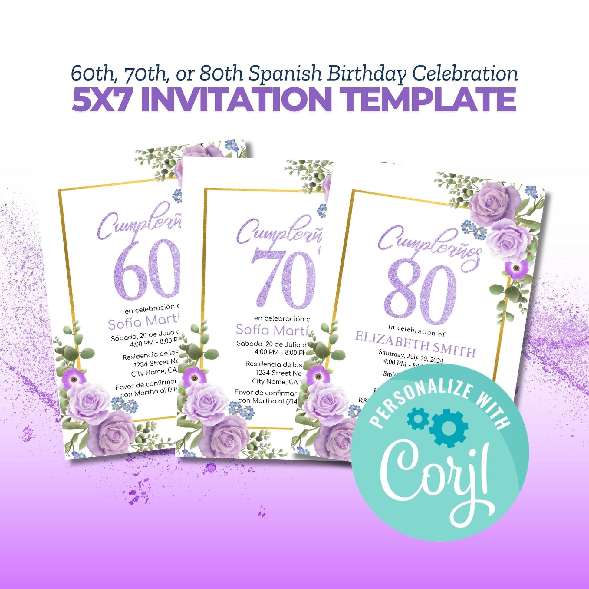 60th 70th 80th Purple Floral Cumpleaños Invitation | Editable Corjl Spanish Birthday Template | Floral Birthday Template | Birthday