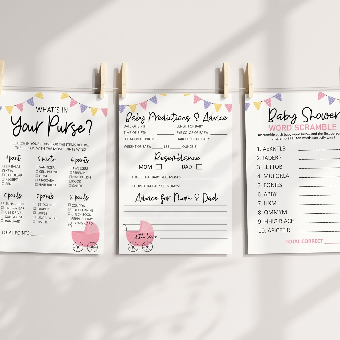 Baby Shower Games Bundle | Fun Printable Baby Shower Activities | Word Scramble, What's in Your Purse, Predictions & Advice | Instant Download