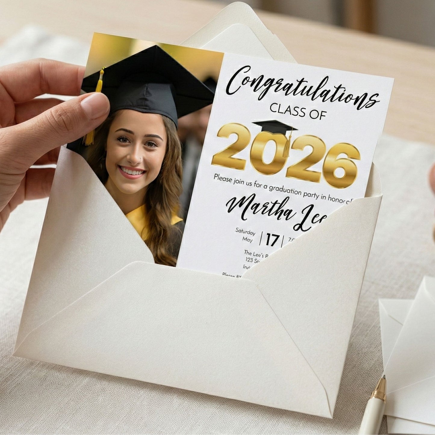 Graduation party invitation with a photo of a graduate and details for a 2026 class.