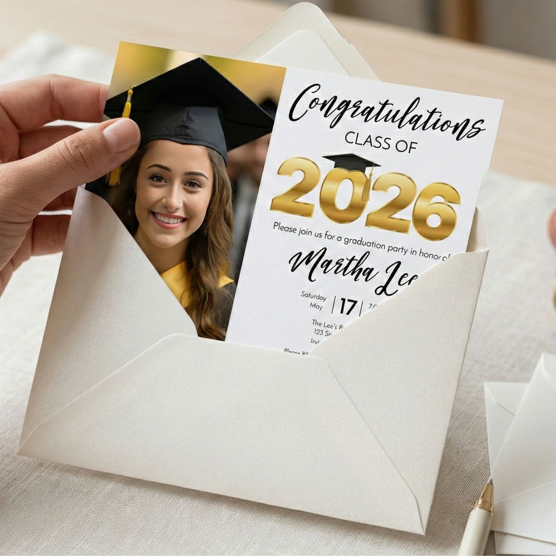 Graduation party invitation with a photo of a graduate and details for a 2026 class.
