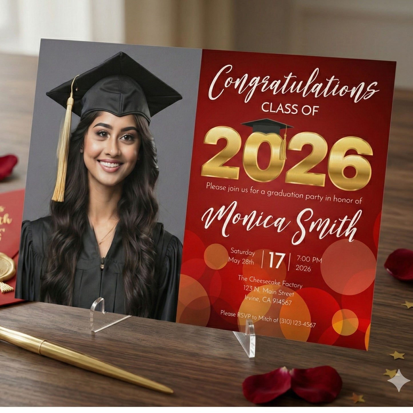 Graduation party invitation with a photo of a graduate on a stand, surrounded by decorative items.
