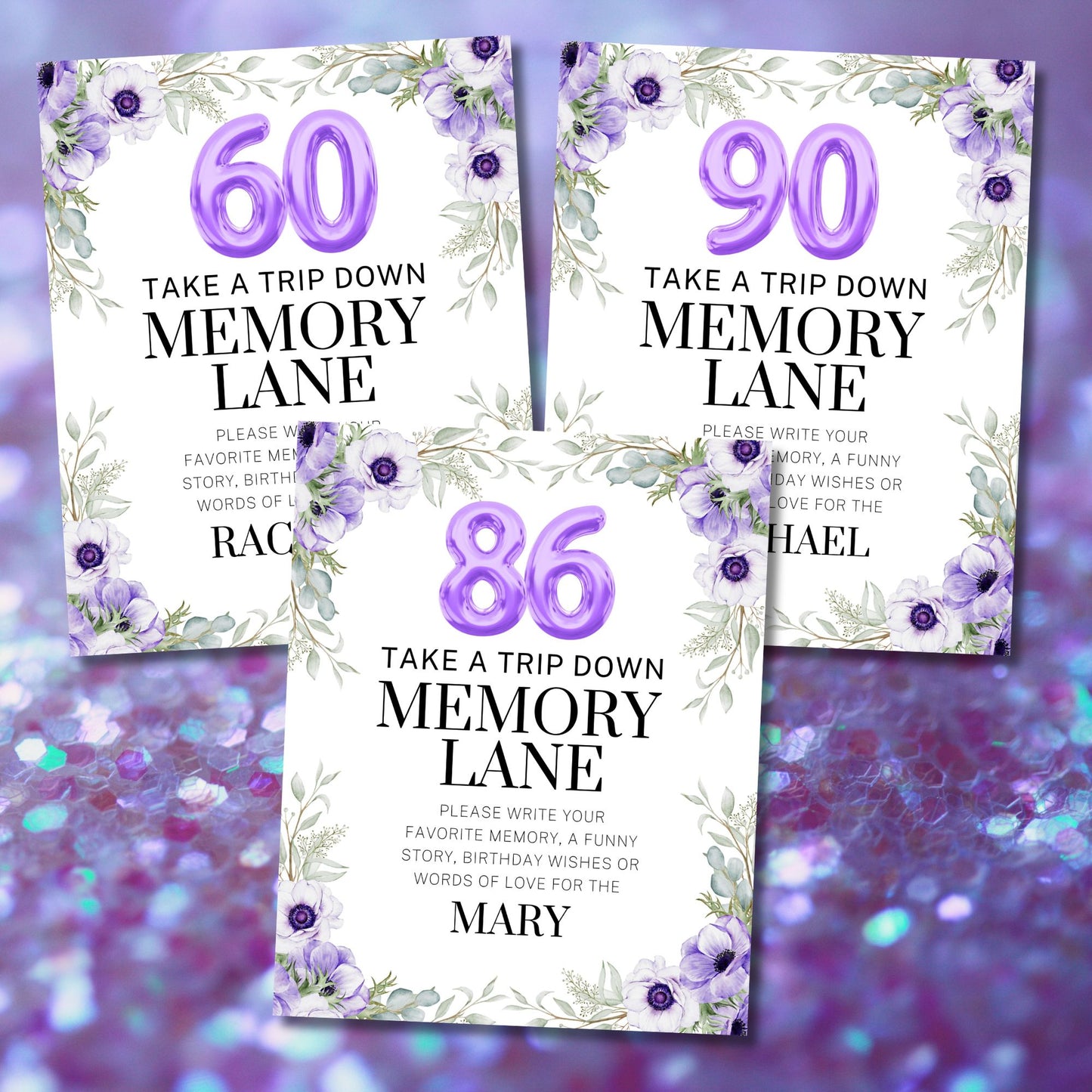 Purple Floral Memory Lane Sign & Birthday Memory Cards | Printed or Digital Download