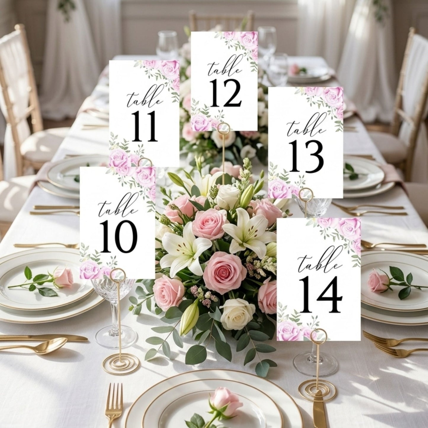 Table number cards on a decorated table with floral centerpieces.
