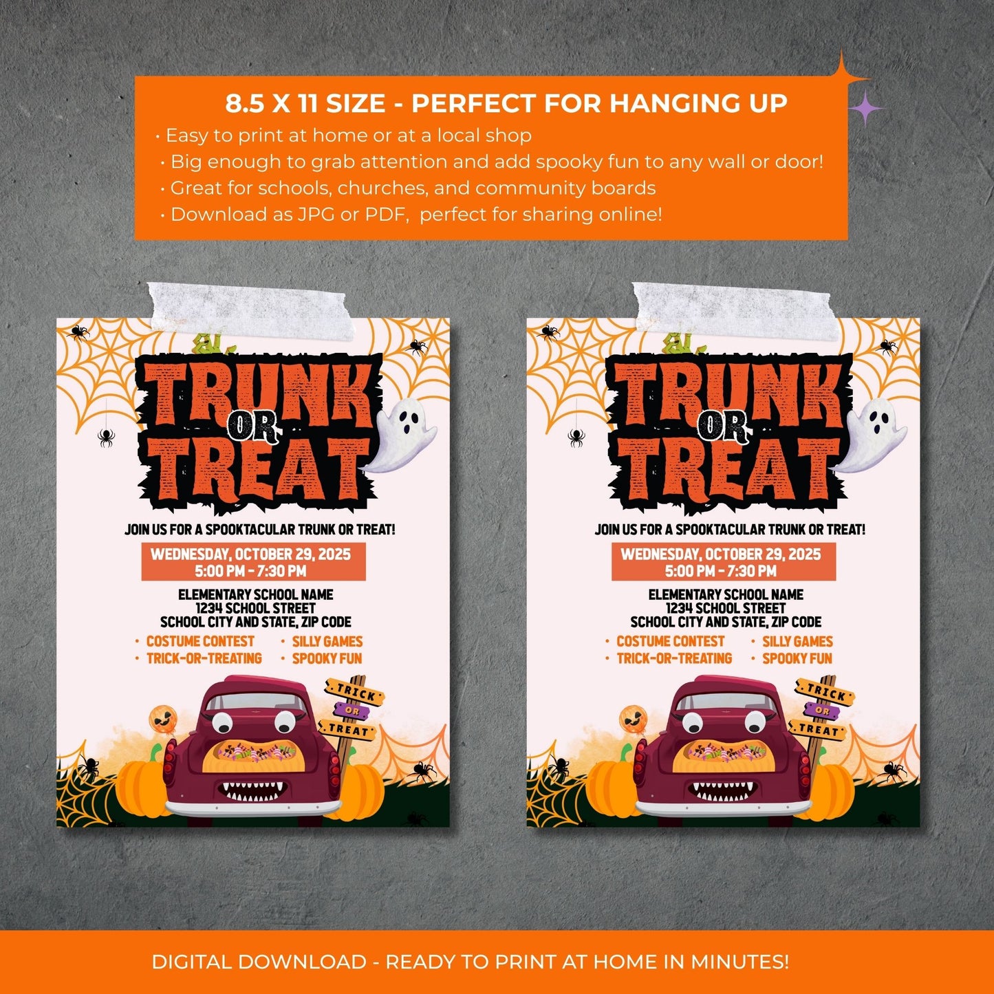 Editable Trunk or Treat Poster, Halloween Event Flyer 8.5x11, Printable Church Fall Festival Sign, Corjl Template Instant Download