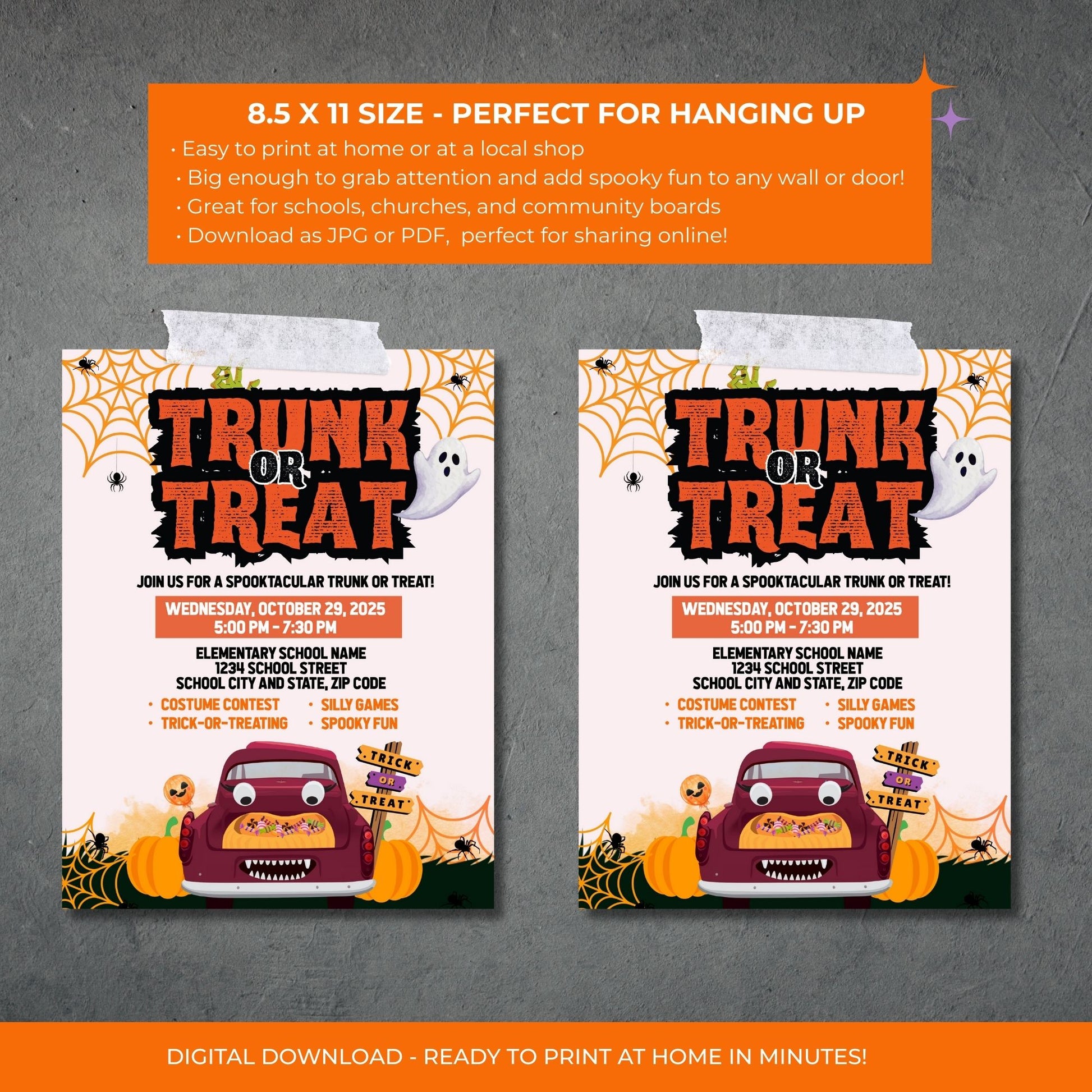 Editable Trunk or Treat Poster, Halloween Event Flyer 8.5x11, Printable Church Fall Festival Sign, Corjl Template Instant Download