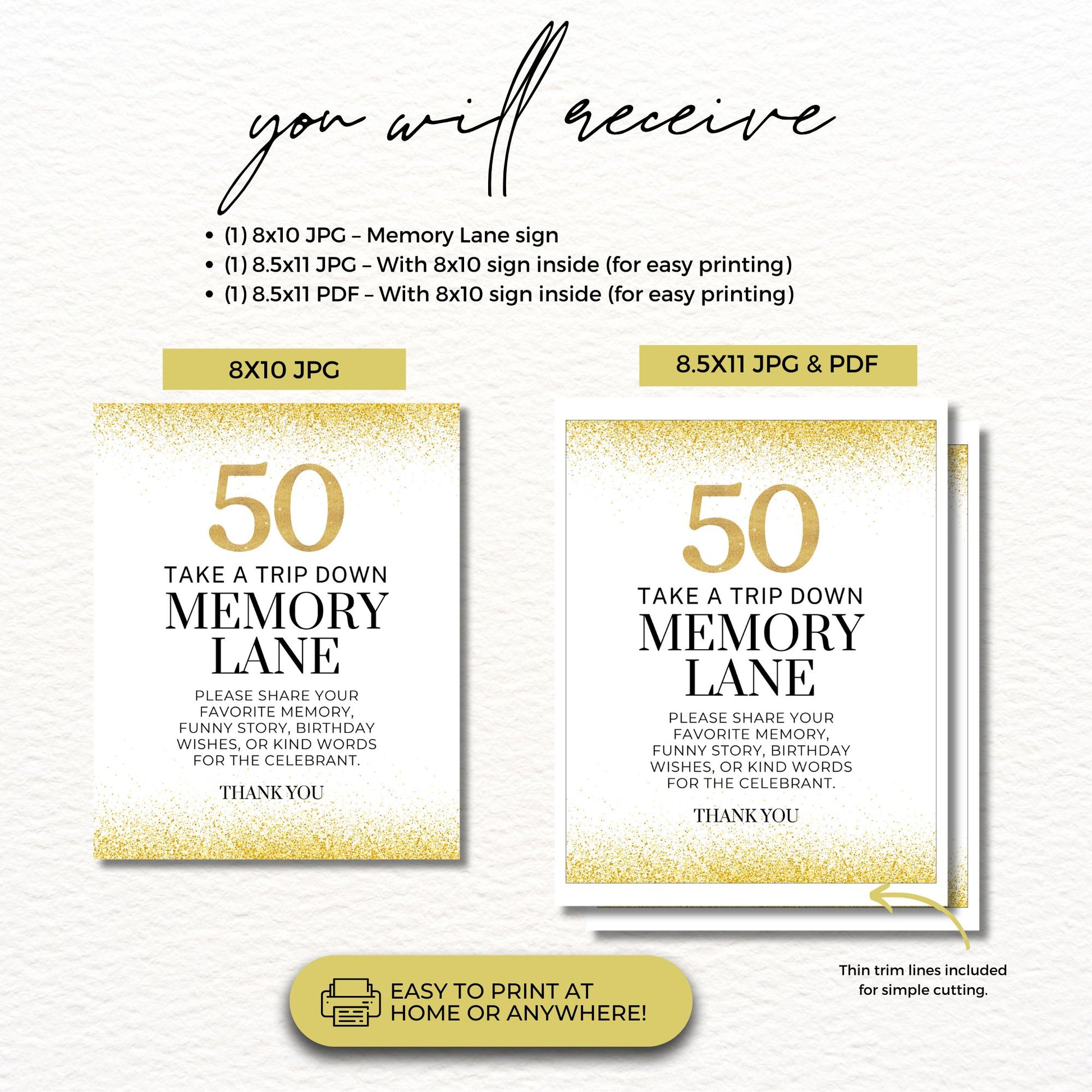 Printable memory lane sign for 50th birthday, glamorous gold glitter theme, instant download gest book alternative