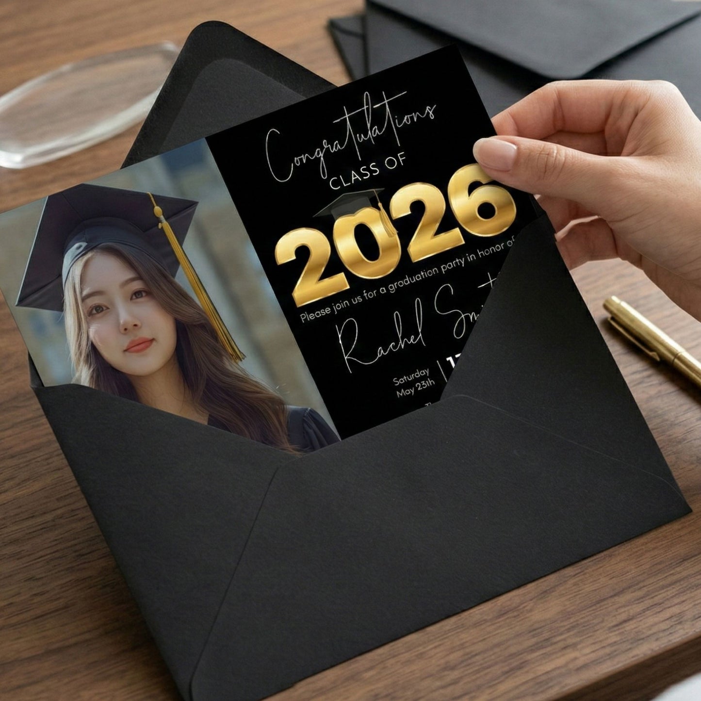 Hand holding a 5x7 black and gold Class of 2026 graduation invitation partially inside a black envelope, editable photo graduation party invite template.