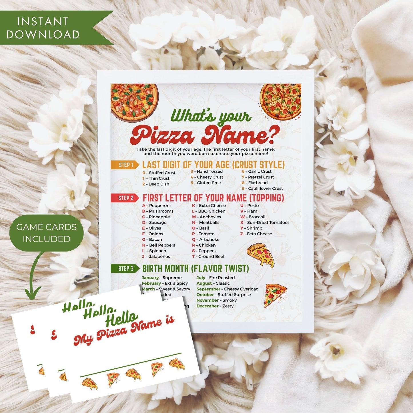What's Your Pizza Name Game Printable Funny Party Activity | Instant Download Pizza Party Game for Kids Adults Classroom 8x10 8.5x11 JPG PDF