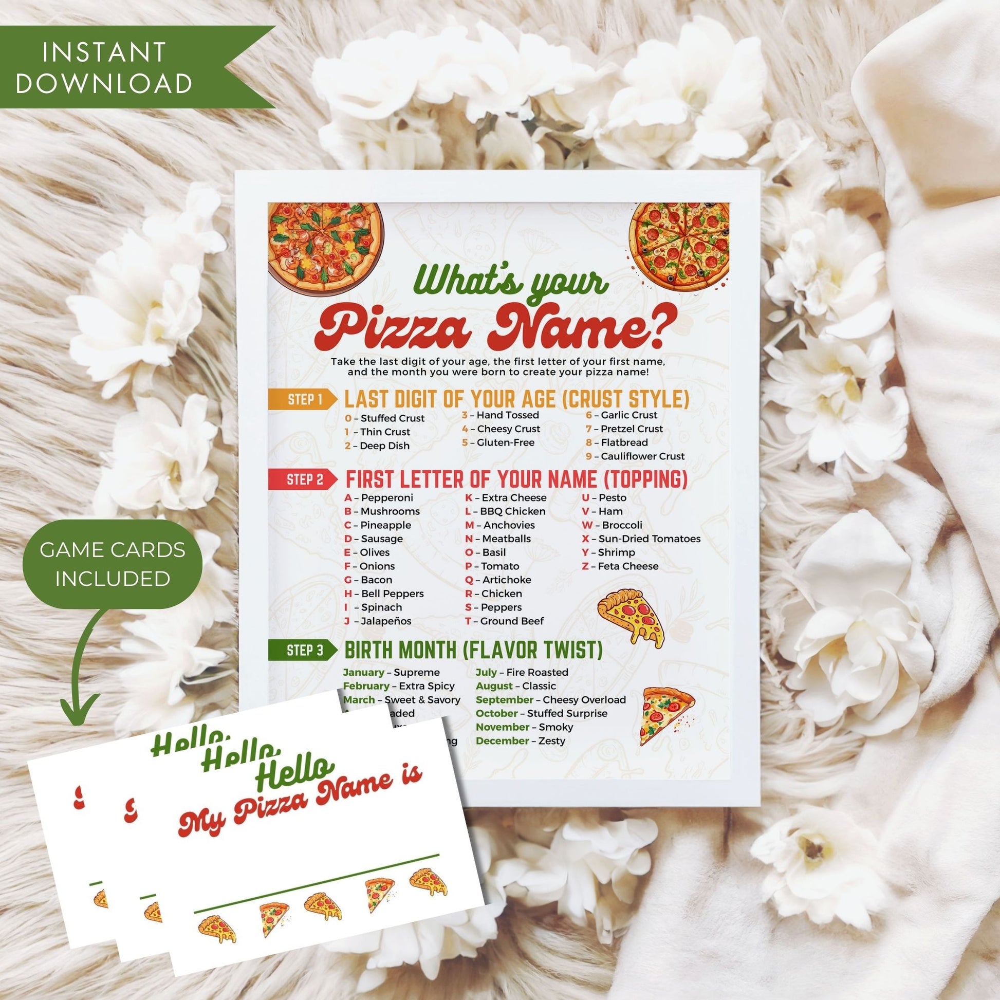 What's Your Pizza Name Game Printable Funny Party Activity | Instant Download Pizza Party Game for Kids Adults Classroom 8x10 8.5x11 JPG PDF