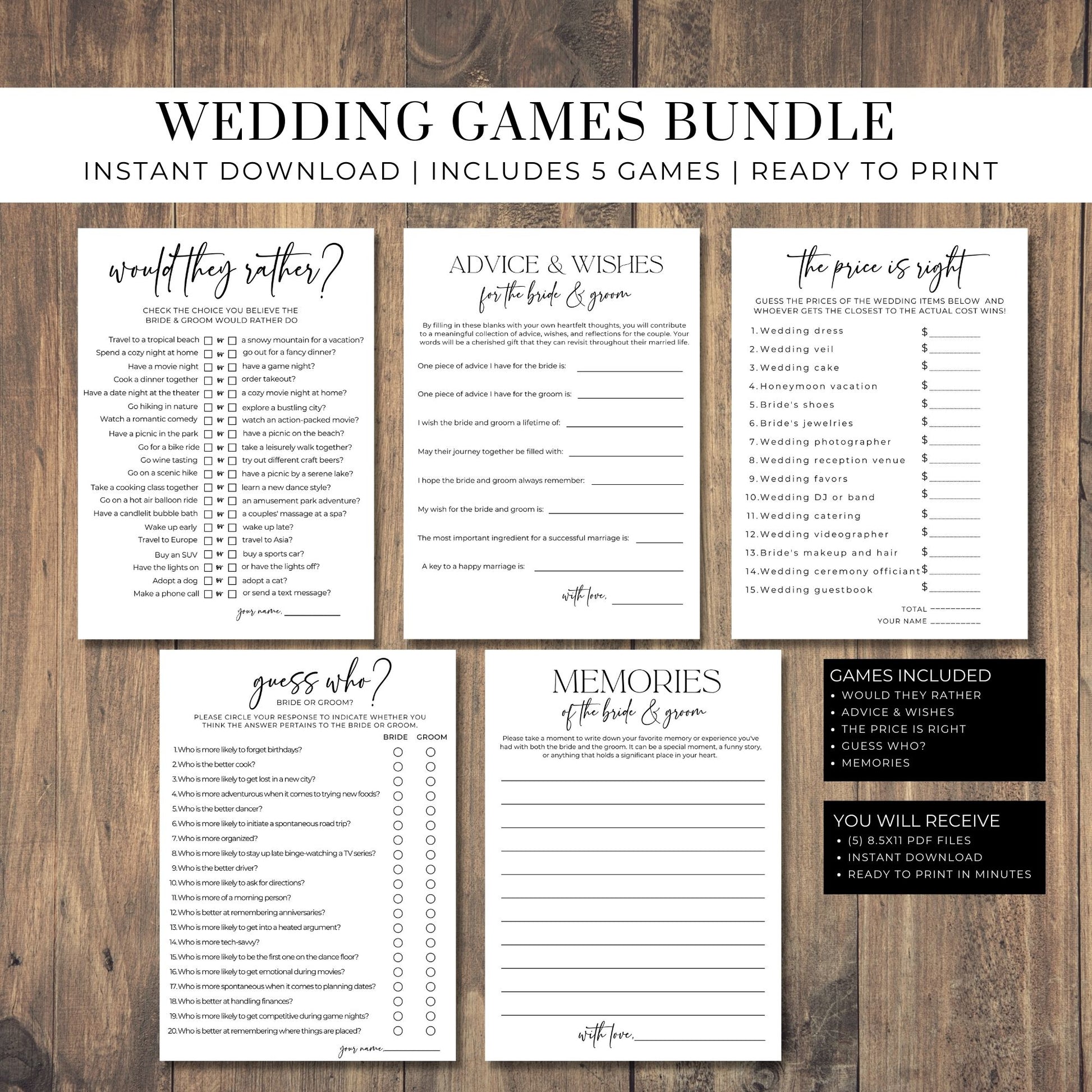 Five Minimalist Wedding Games Bundle