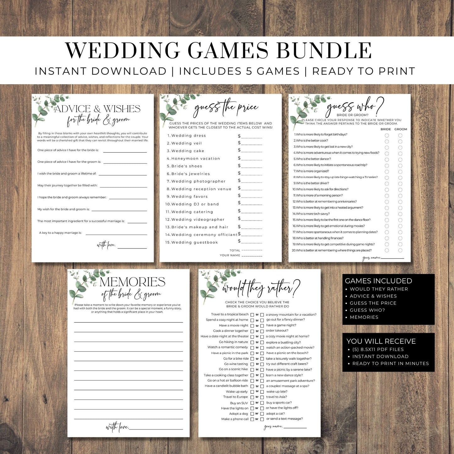 Greenery Wedding Games Bundle PDF