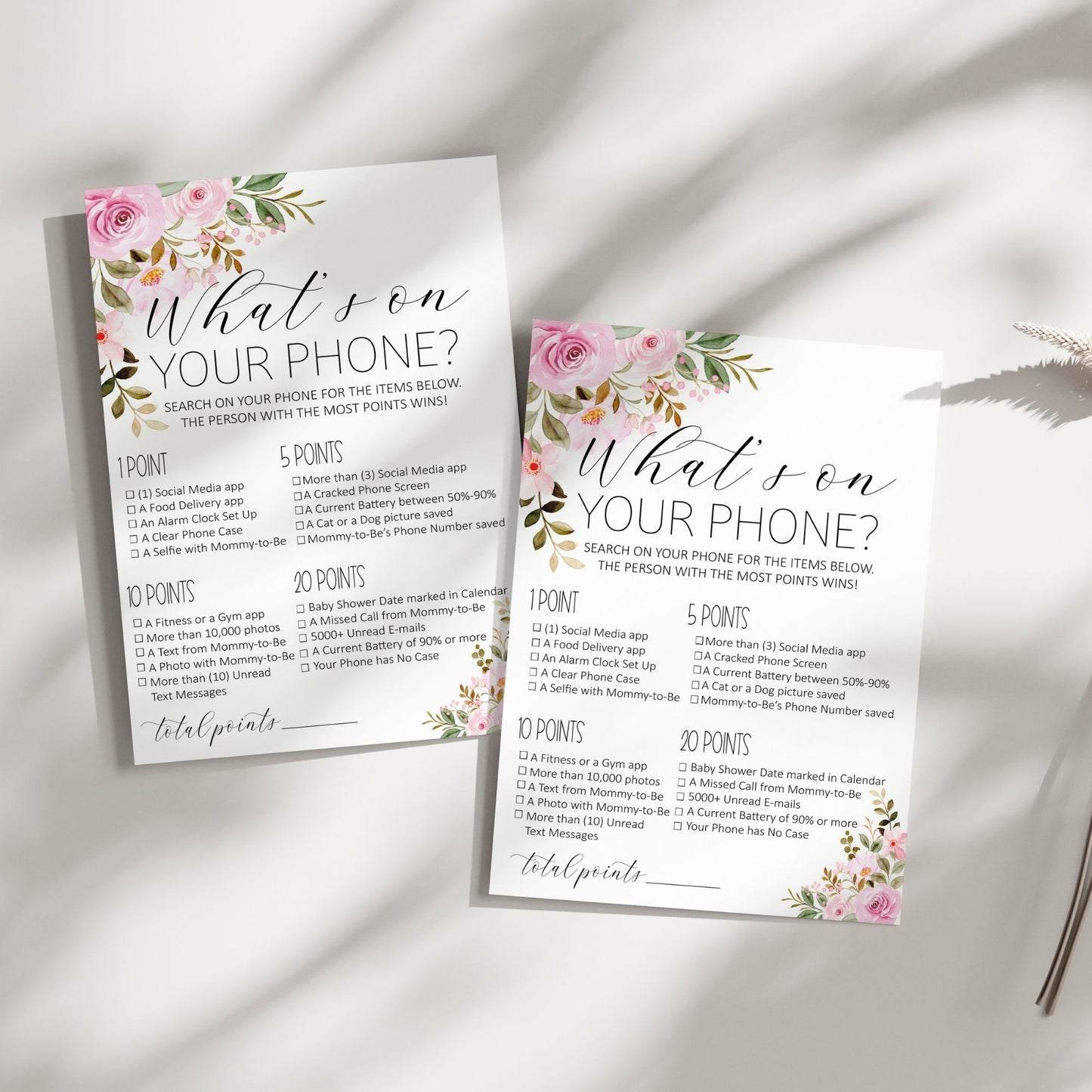 What's on Your Phone Game – Printable Baby Shower & Bridal Shower Activity, Fun Party Game, Floral Design