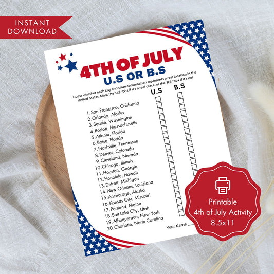 4th of July Trivia Game Printable USA or BS Party Game for Kids and Adults Patriotic Games Instant Download July Fourth Activity