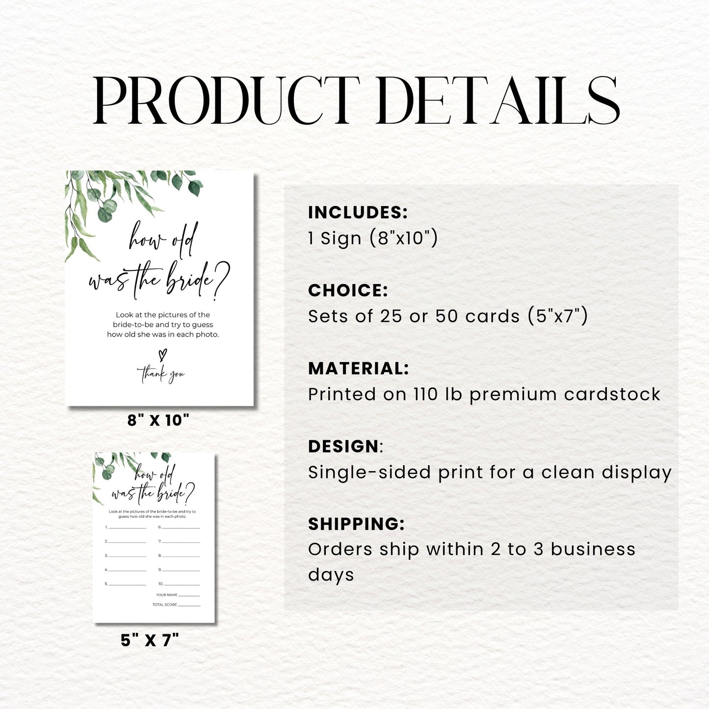 Product details of a bridal shower game sign and cards on a white background