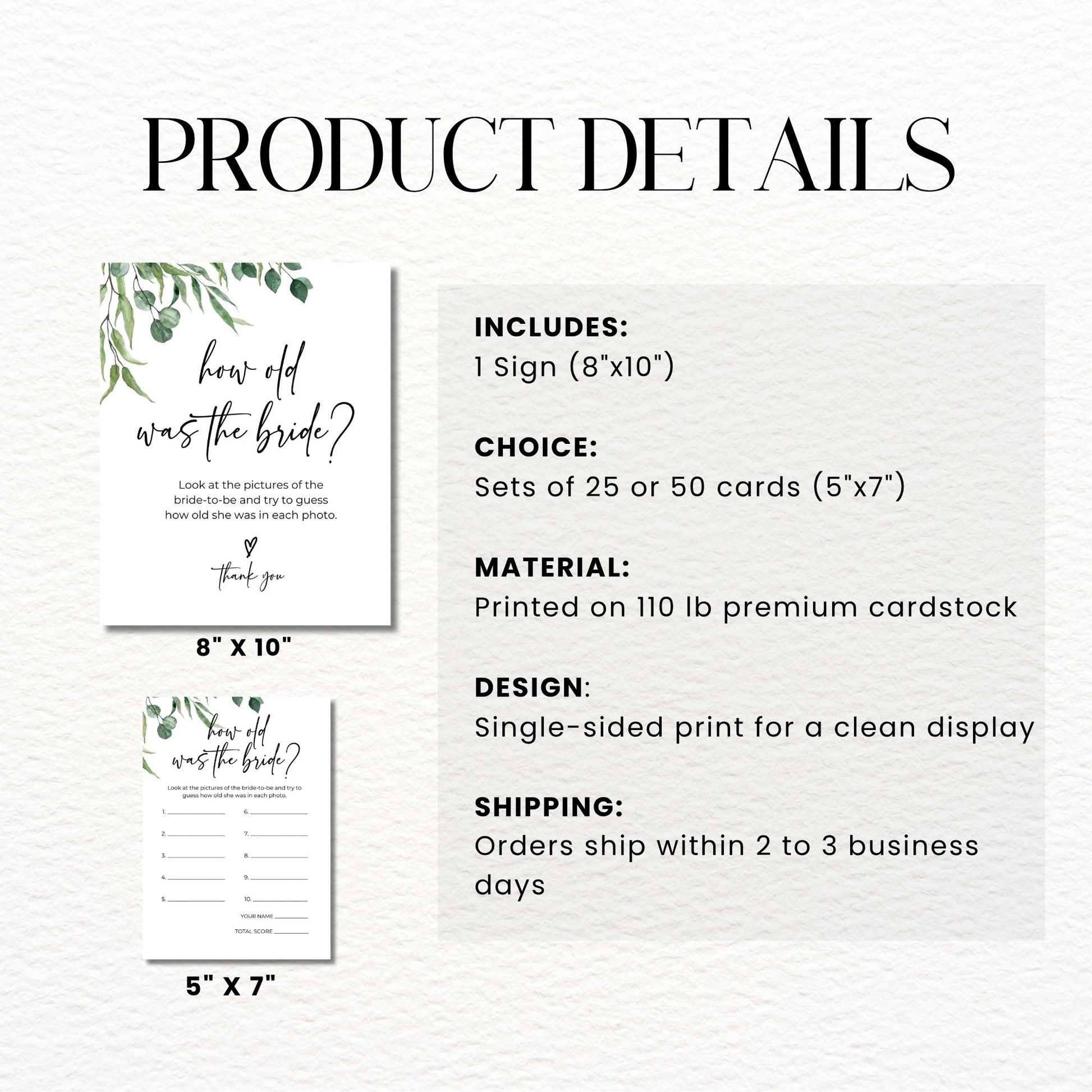 Product details of a bridal shower game sign and cards on a white background