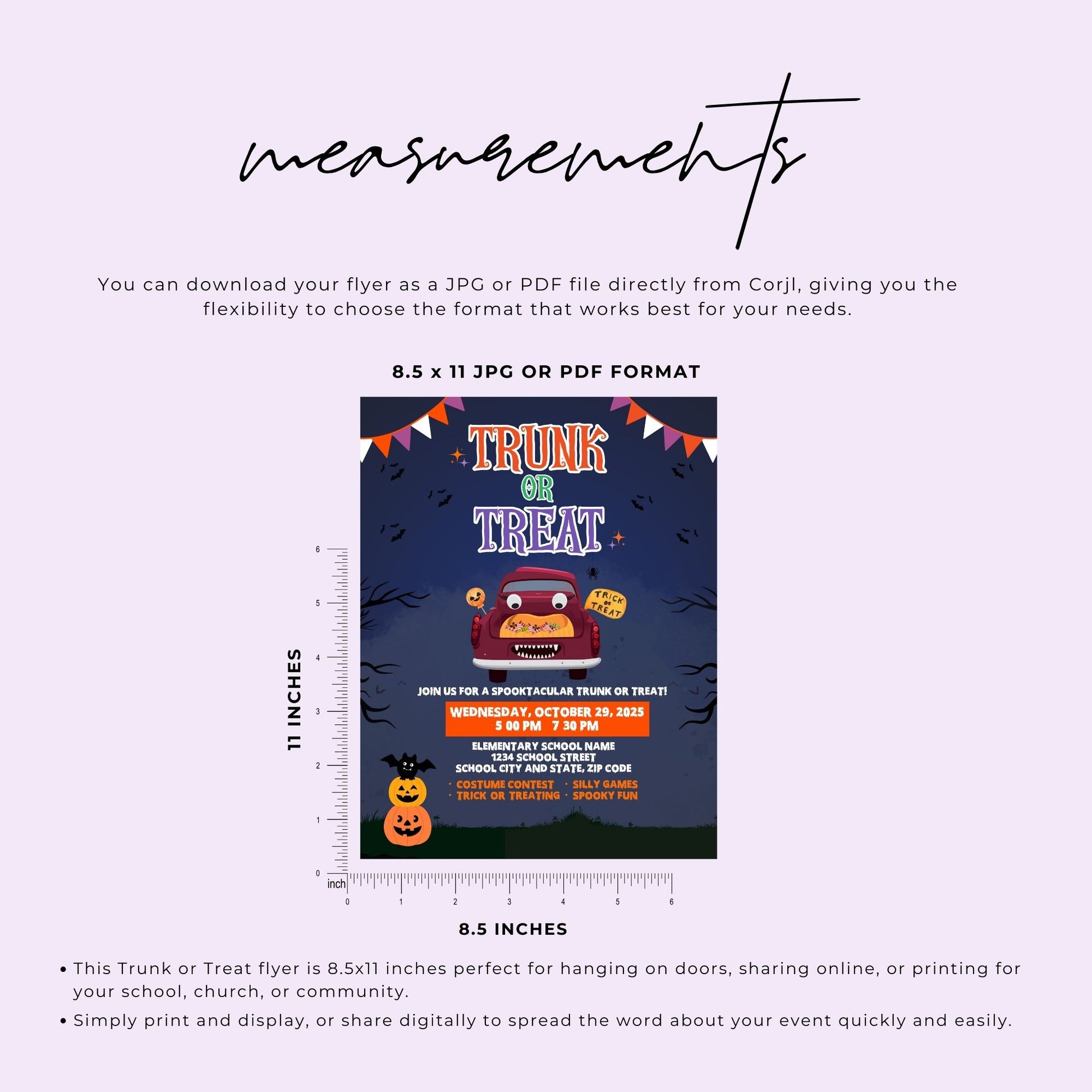 Trunk or Treat Flyer Template, 8.5x11 Editable Halloween Flyer, Instant Download Corjl Template, Printable Halloween Party Sign for School