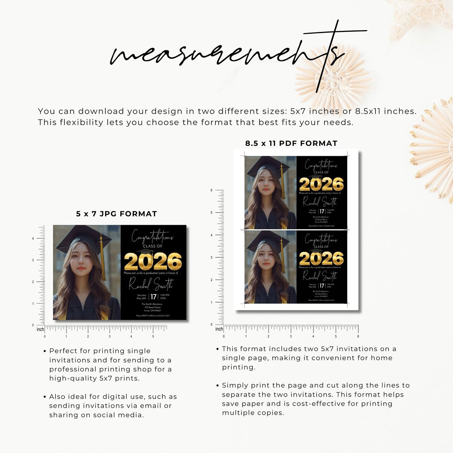 Graduation invitation measurement guide showing 5x7 JPG format and 8.5x11 PDF format with two invitations per page for easy home printing.