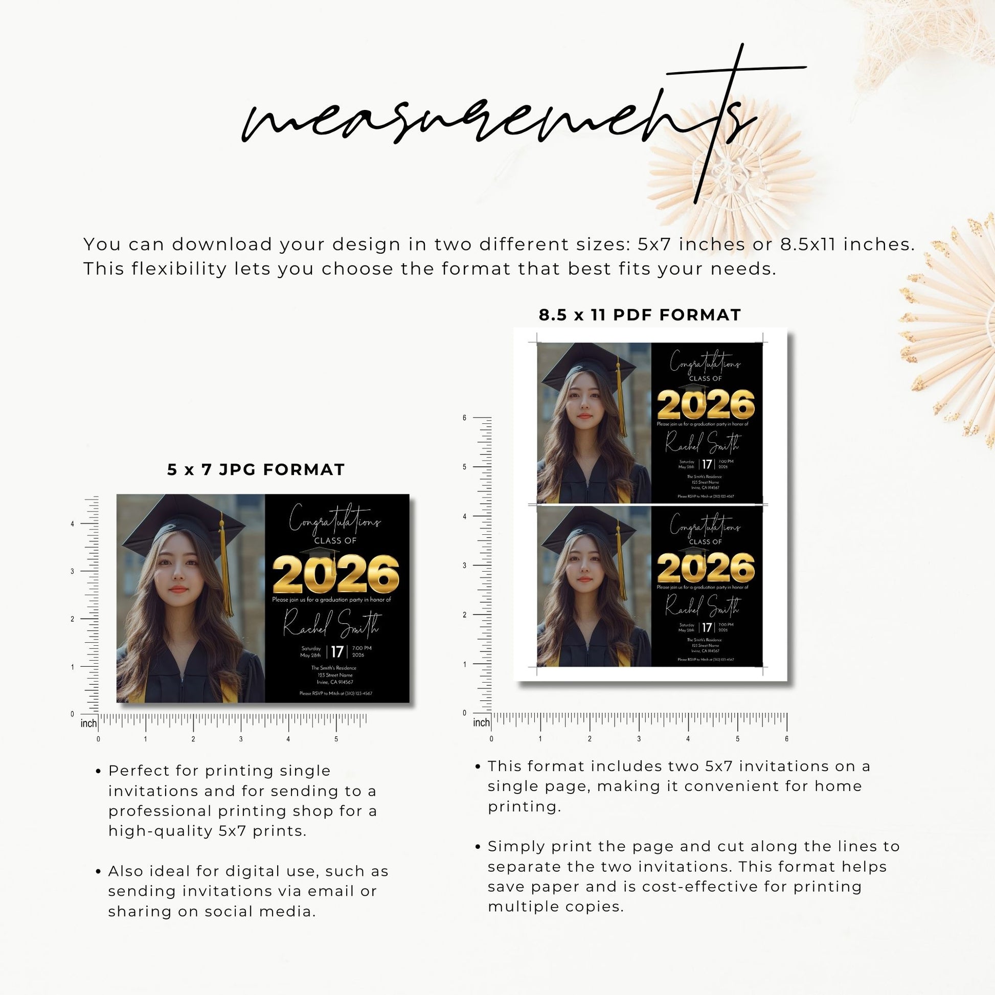 Graduation invitation measurement guide showing 5x7 JPG format and 8.5x11 PDF format with two invitations per page for easy home printing.