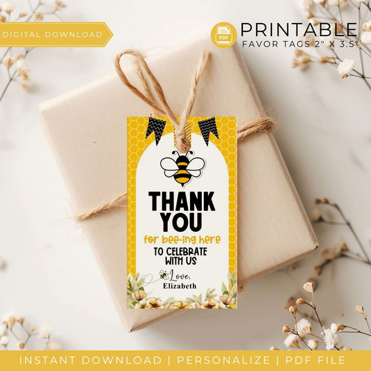 Thank You for Bee-ing Here Favor Tags - Cute Printable 2x3.5 Inch Bee-Themed Tags - Personalized Party Favor Labels - Instant Download