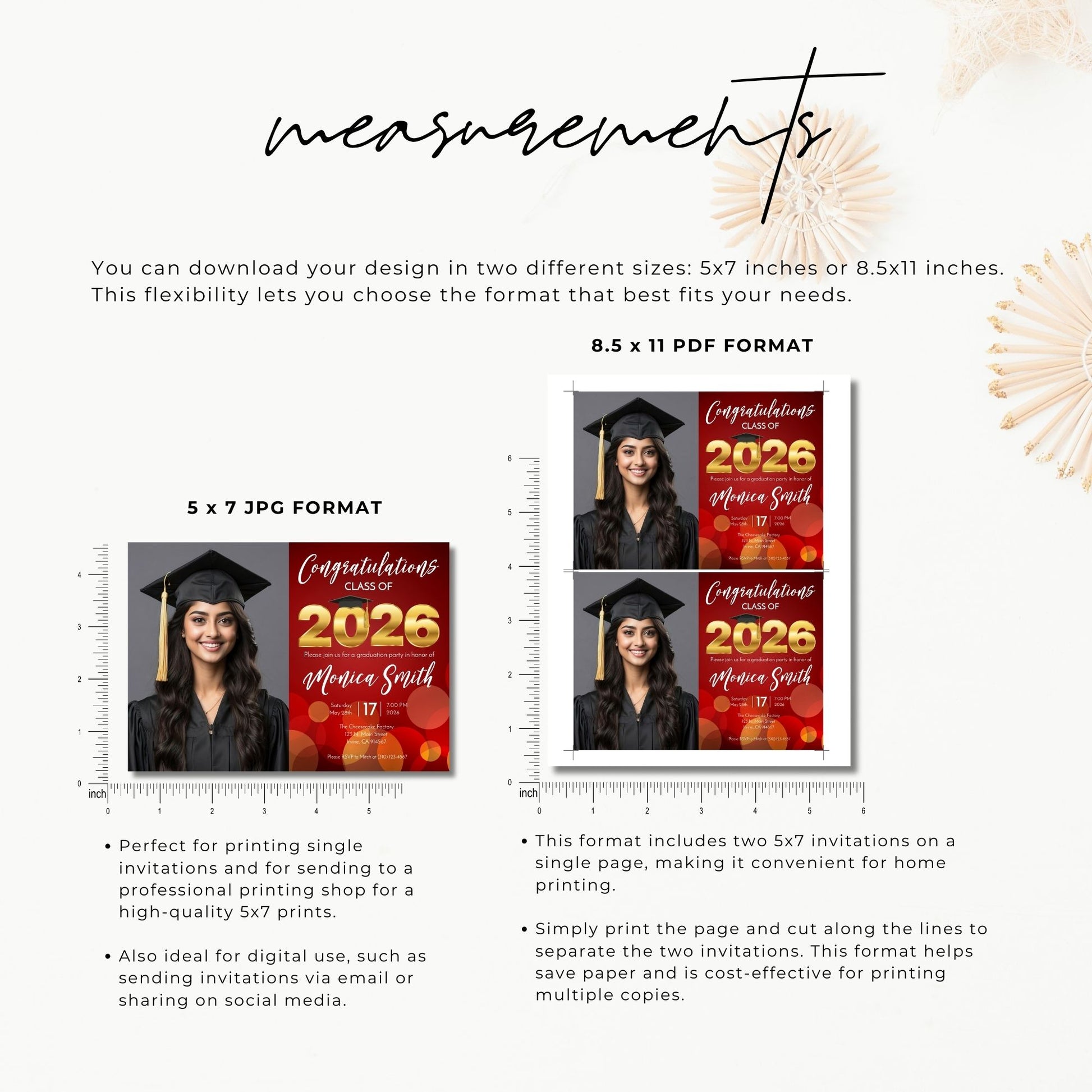 Graduation-themed invitations with measurements and format options displayed.