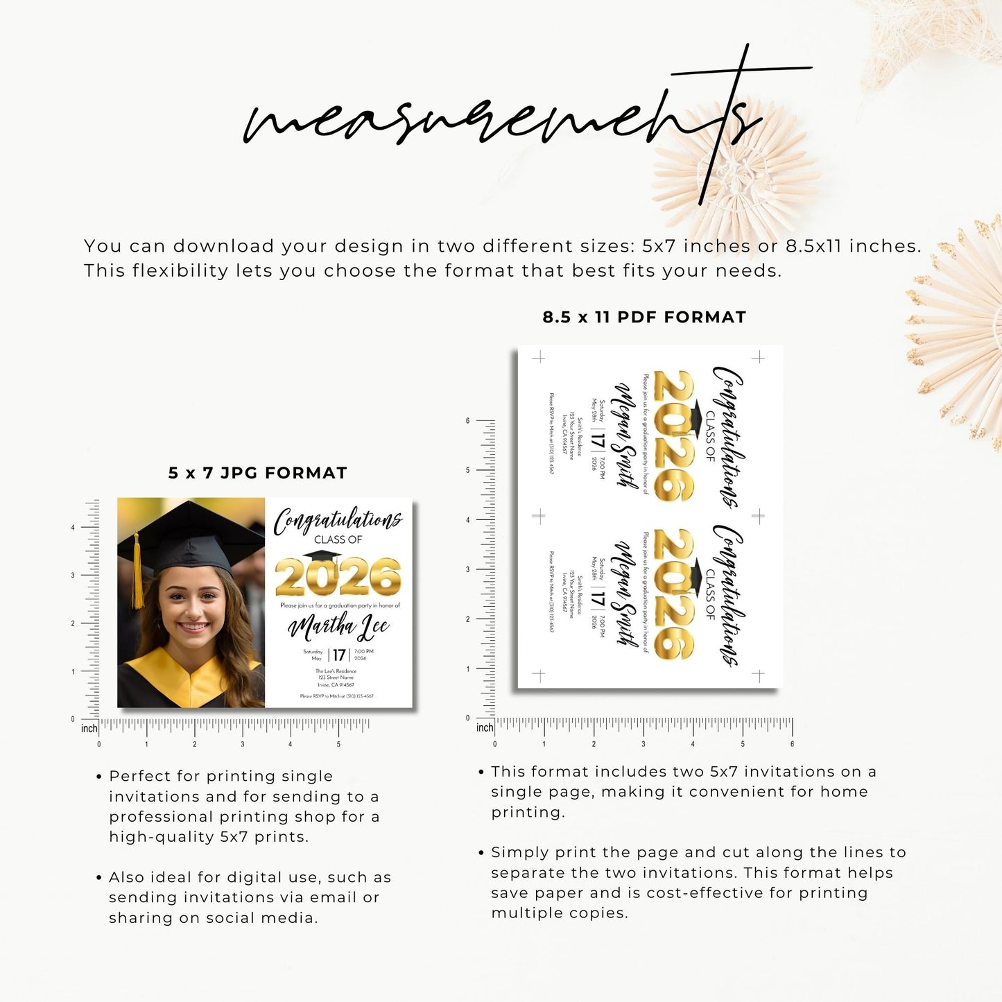 Graduation-themed design with measurements and format options on a white background.