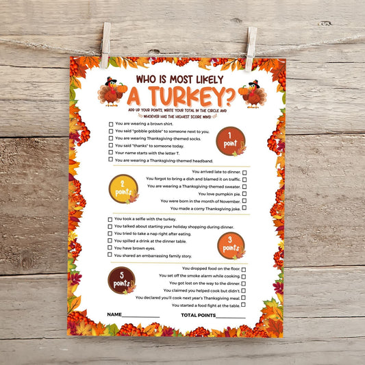 Who Is Most Likely A Turkey Game, Thanksgiving Party Printable, Fun Family Activity, 8.5x11 Instant Download, Holiday Game, Friendsgiving Decor