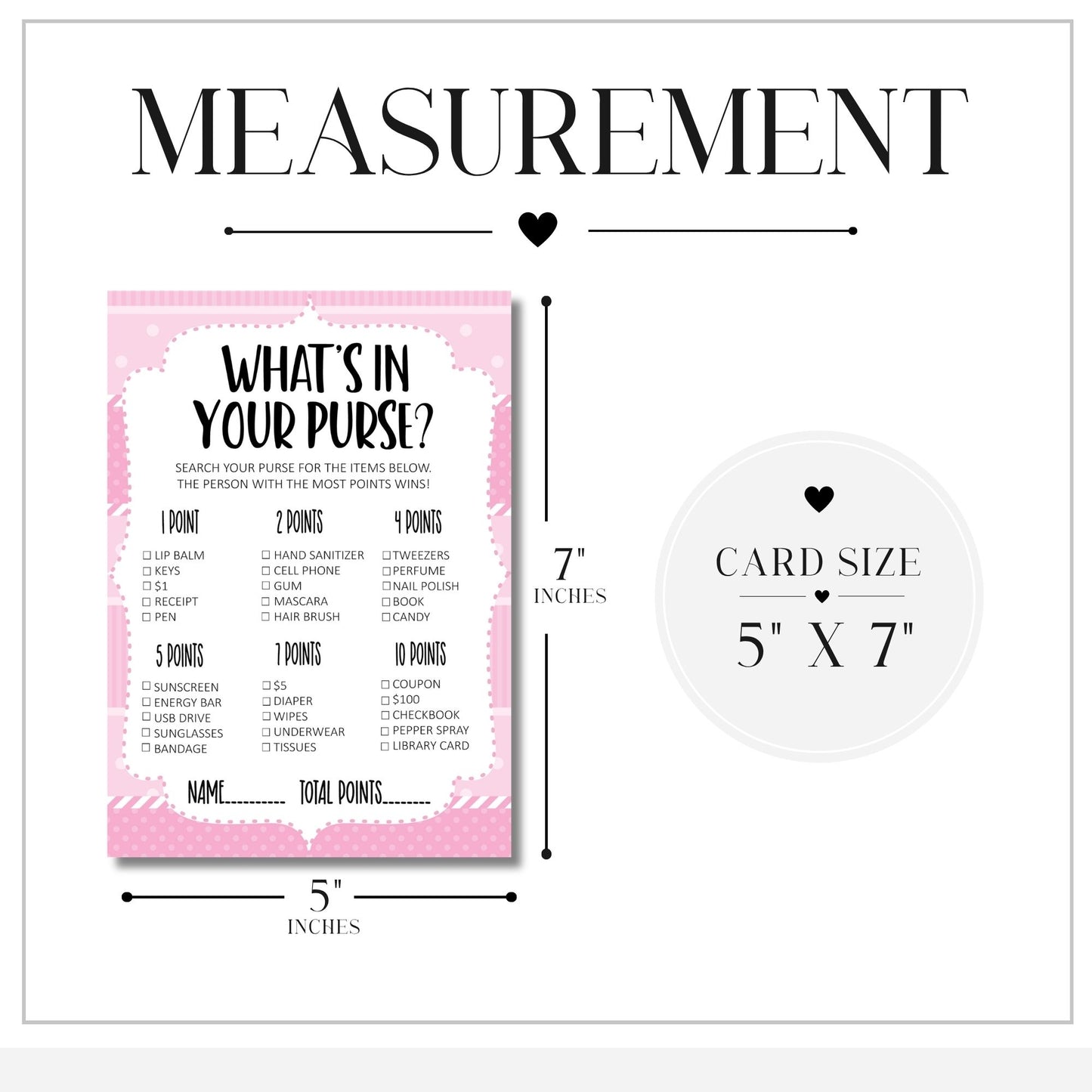 A measurement diagram for a pink and white 'What's in Your Purse?' card game, showing the 5 x 7 inch card size and dimensions of the 5 by 7 inch game board.