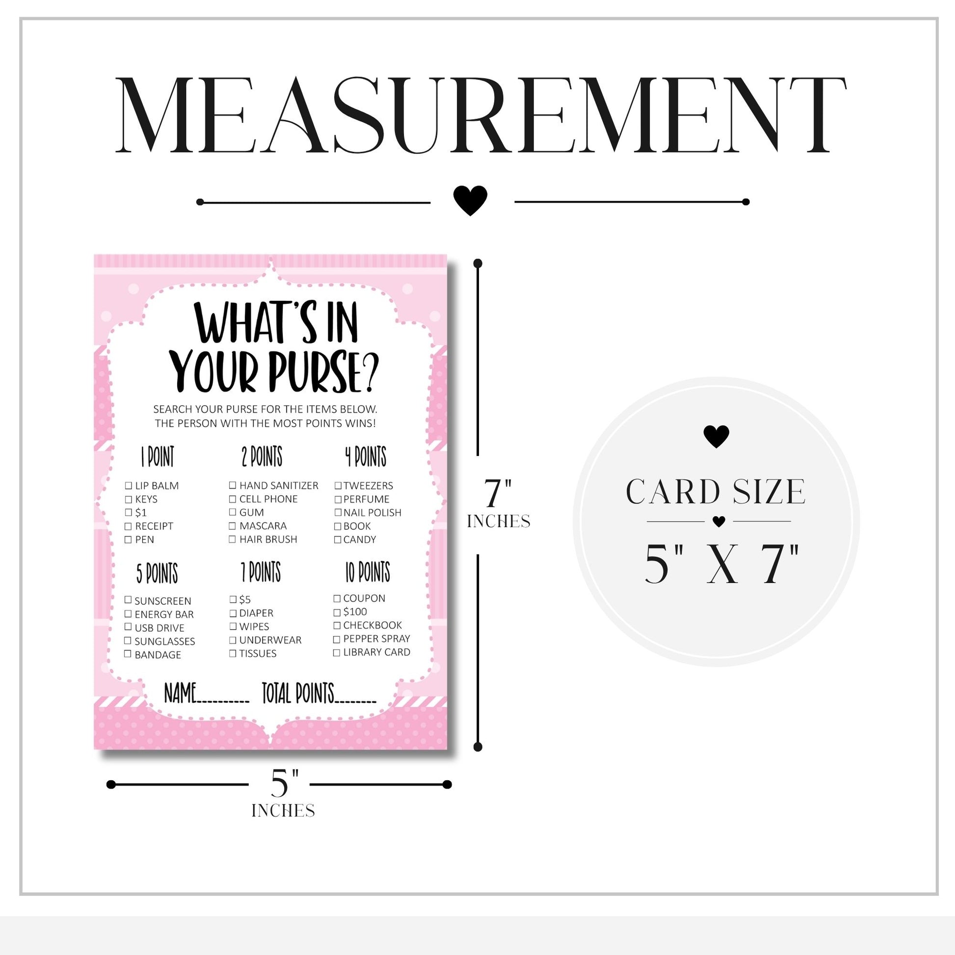 A measurement diagram for a pink and white 'What's in Your Purse?' card game, showing the 5 x 7 inch card size and dimensions of the 5 by 7 inch game board.