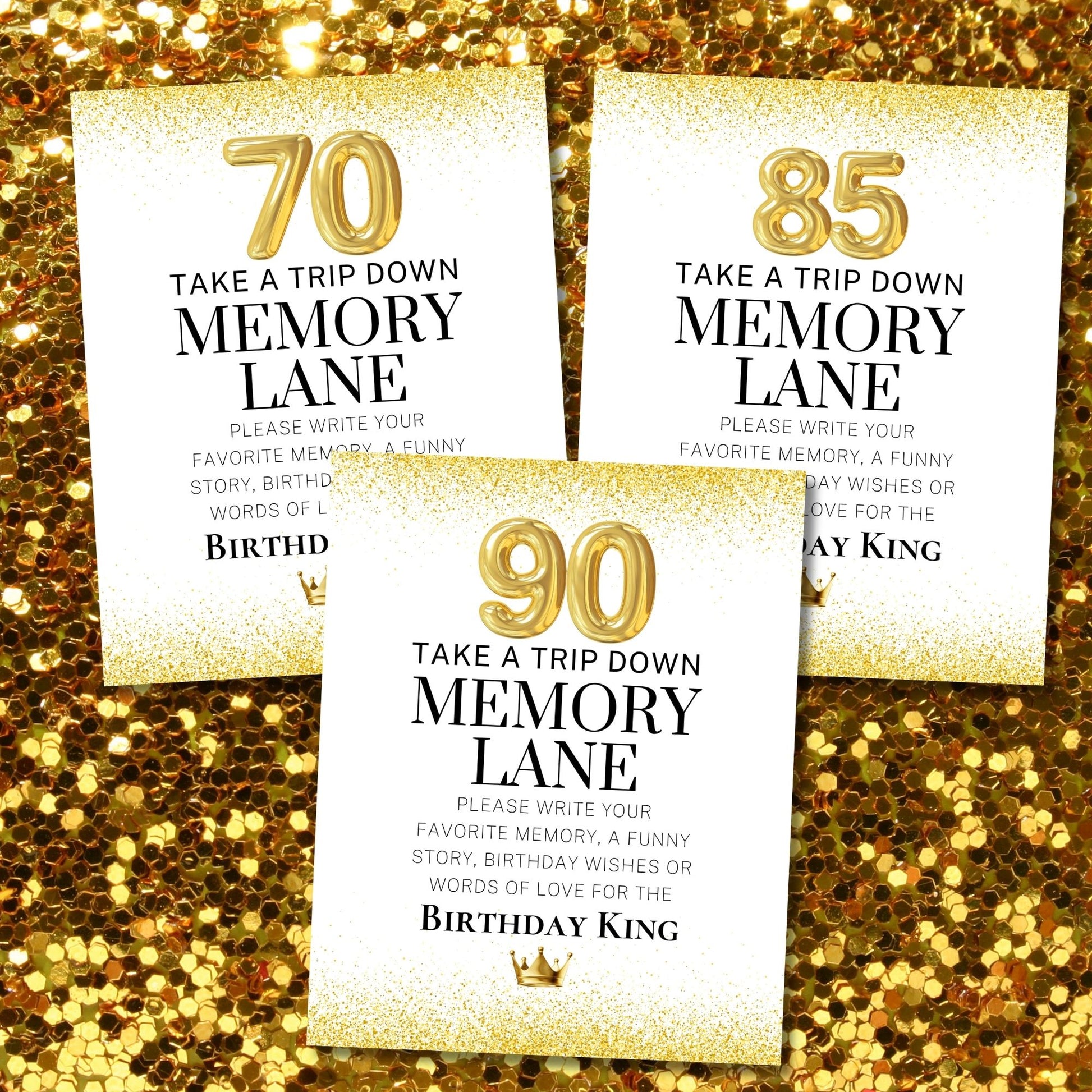 Three cards with numbers 70, 85, and 90 on a glittery gold background.
