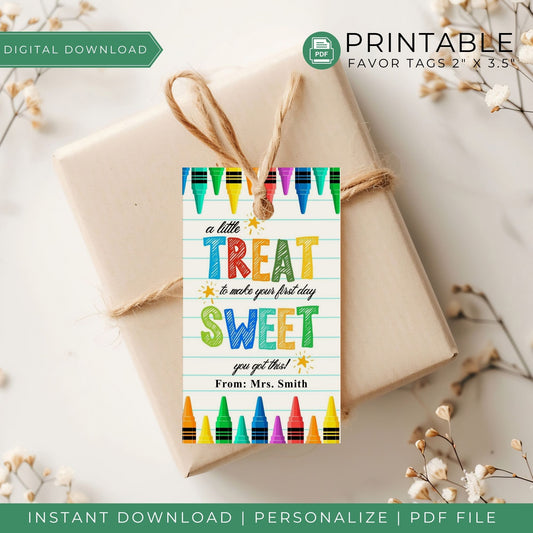 
Title:
"A Little Treat to Make Your First Day Sweet" Printable Favor Tags - Colorful Crayon Design - Personalized Back-to-School Gift Tags - Instant Download