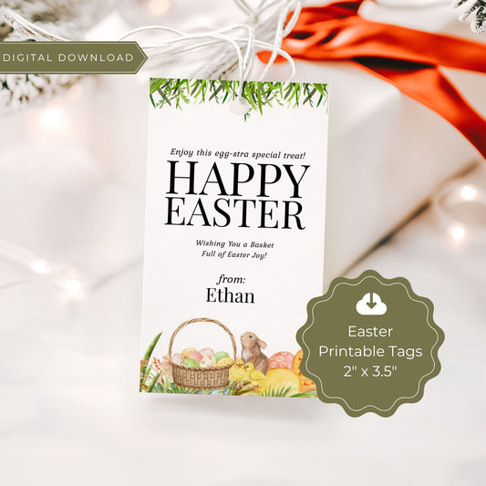 Editable Easter Gift Tag Template 2x3.5 | Printable Bunny Favor Tags | Easter Basket Tags | Instant Download | DIY Easter Treat Tags Corjl