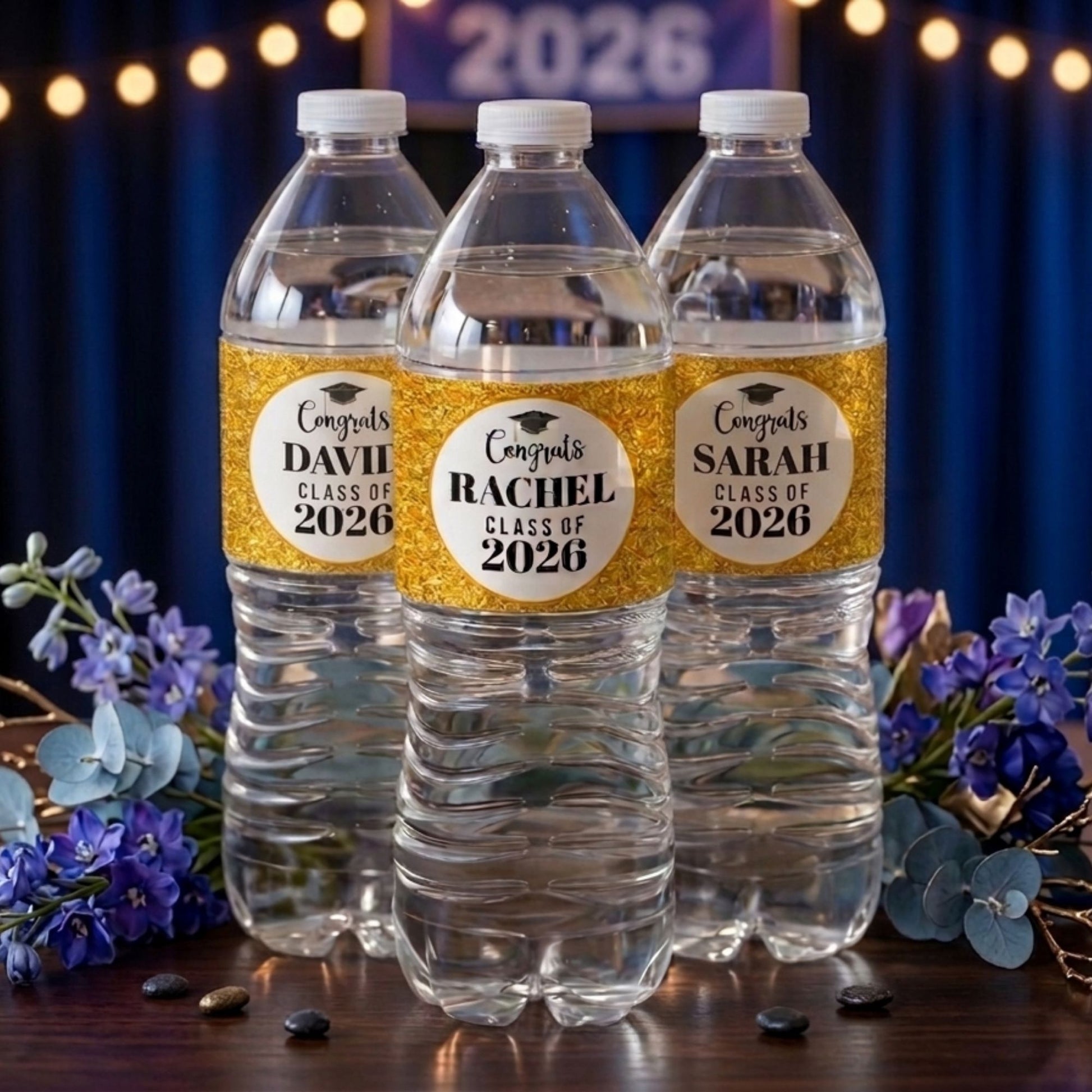 Three water bottles with personalized labels for a class of 2026 event, surrounded by decorative flowers.