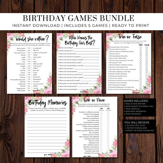 Birthday Party Games Bundle Floral - Printable