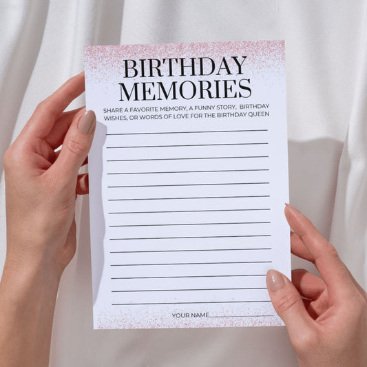  Rose Gold Birthday Memories Cards – Printable 8.5x11 Sheet | Share a Favorite Memory for the Birthday Queen | Instant Download Party Activity