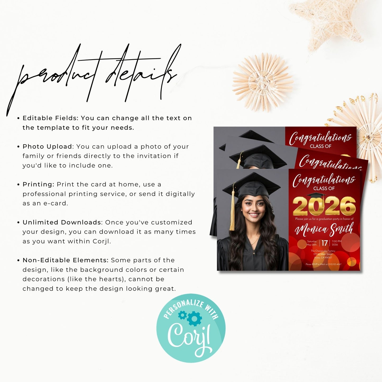 Graduation-themed invitation card with a person in cap and gown, featuring text and decorative elements.