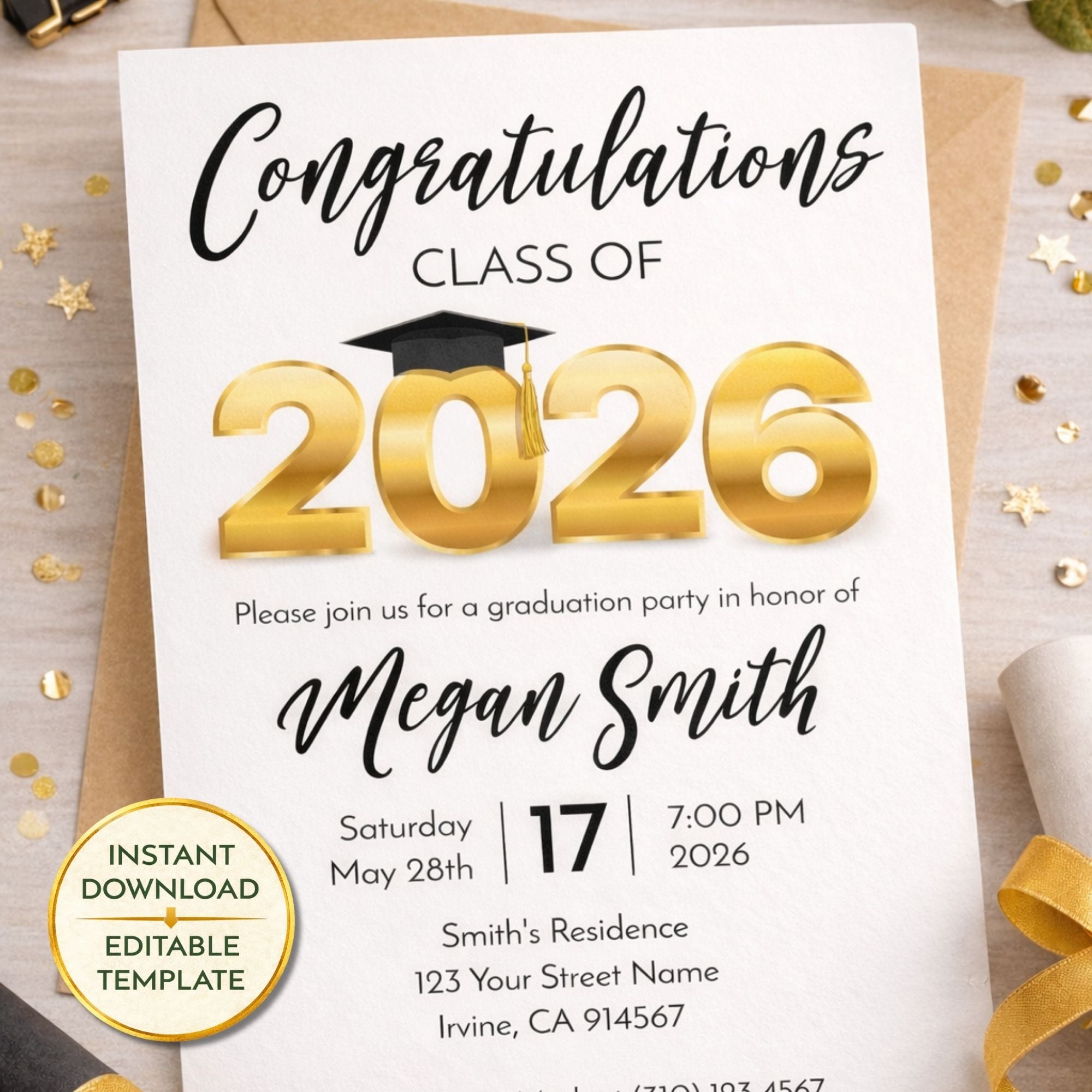 Black and Gold Graduation Invitation 2026 Editable Class of 2026 Photo ...