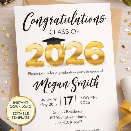 Graduation party invitation for Class of 2026 with gold text and a cap on a white background.