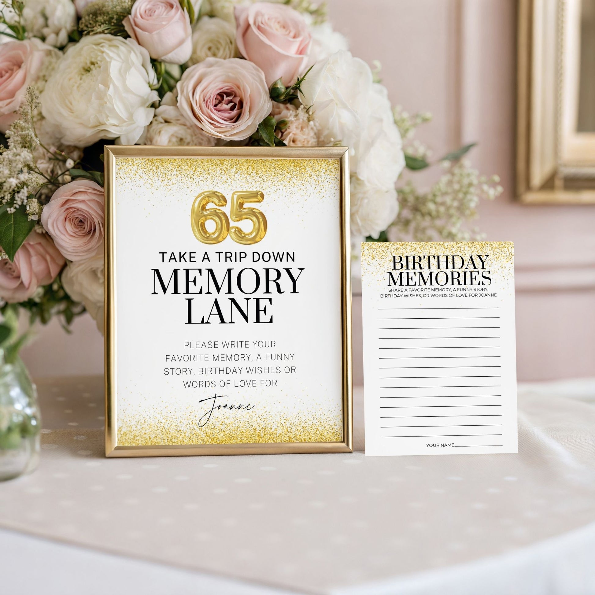 65th birthday memory lane sign with a bouquet of flowers on a decorative surface.