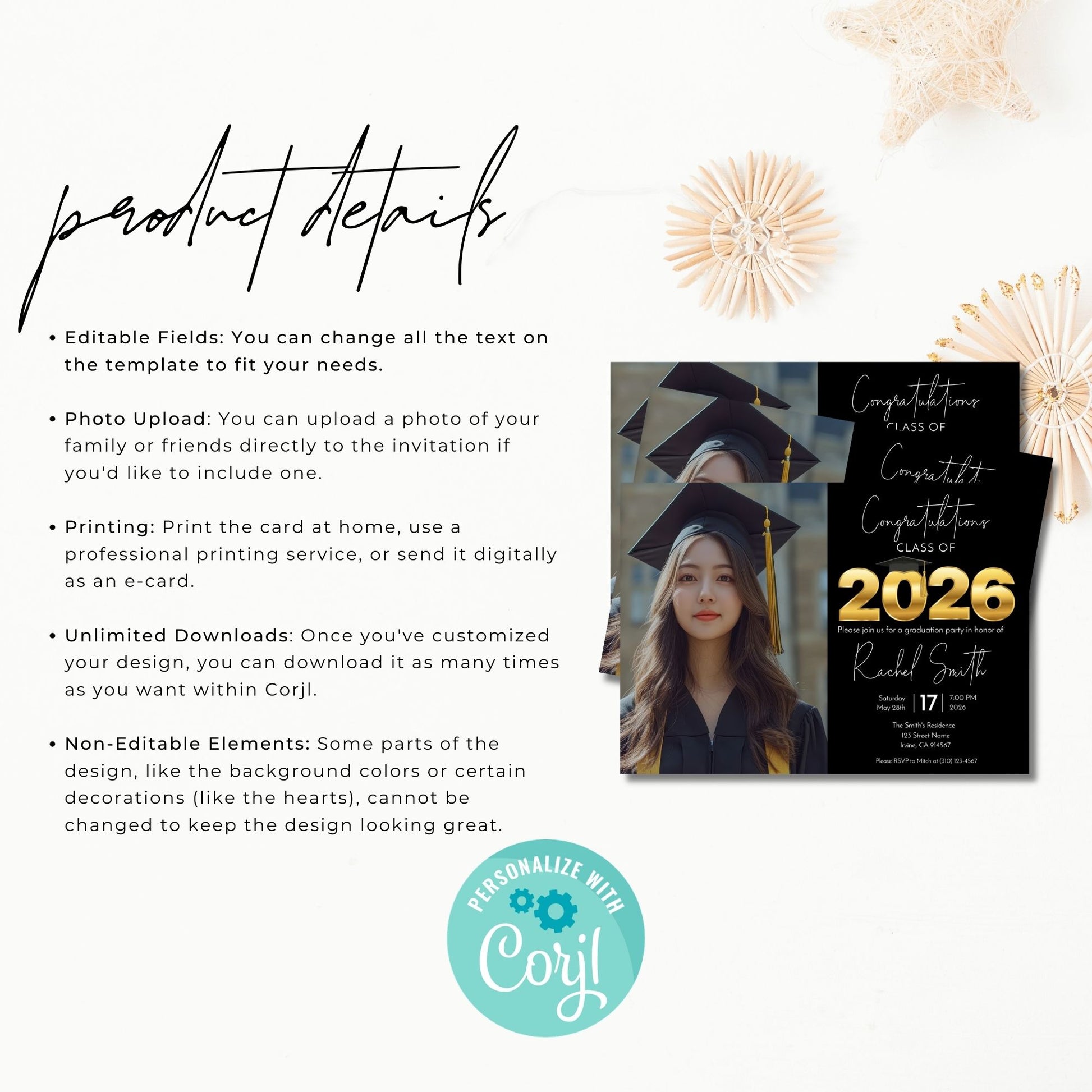 Graduation invitation product details page listing editable text fields, photo upload option, printing choices, unlimited downloads, and Corjl personalization.