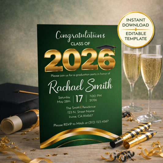 Graduation party invitation for Class of 2026 with champagne glasses and cap on a wooden surface.